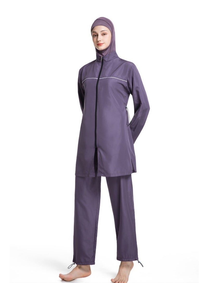 3-Piece Muslim Women's Conservative Swimwear Set Summer Casual Comfortable UV Protection Long Sleeve Zip-Up Swimsuit Lightweight Beach Attire - Image 5