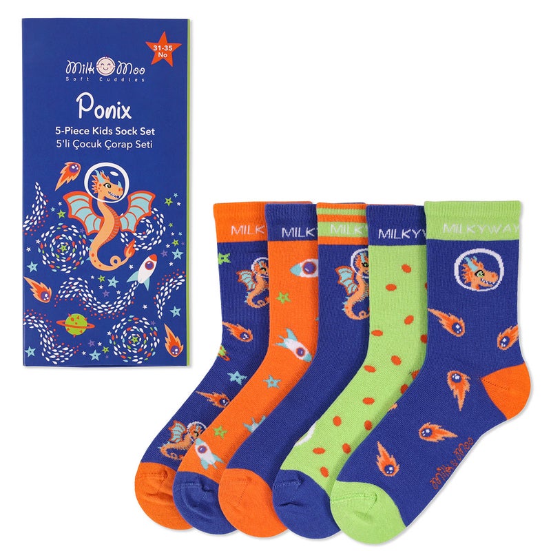 5-Pack Kids Socks Set, Unisex Kids Socks with Ponix Designed Box, Size 31-35, Fun and Vibrant Patterns, Soft and Breathable Fabric, Perfect for Kids Aged 8-10 | Made in Turkey - Image 1