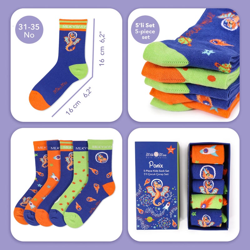 5-Pack Kids Socks Set, Unisex Kids Socks with Ponix Designed Box, Size 31-35, Fun and Vibrant Patterns, Soft and Breathable Fabric, Perfect for Kids Aged 8-10 | Made in Turkey - Image 2