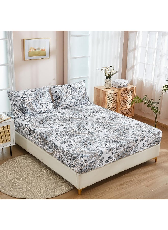 Cozaline 100% Cotton Fitted Sheet Full Floral Deep Pocket Breathable Cooling Sheets Durable Wrinkle Free All Season Bedding No Flat Sheet (Paisley, Full)  - Image 3