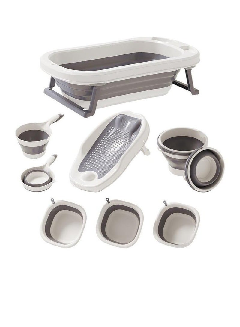 والالا مجموعة حوض استحمام للأطفال مضادة للانزلاق وقابلة للطي، مكونة من 7 قطع، مصنوعة من مادة آمنة، توفر المساحة، حوض استحمام واحد، حامل واحد، مغرفة واحدة، 3 أحواض غسيل، دلو واحد - Image 1