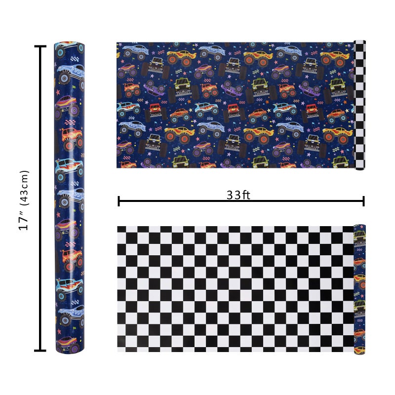 LaRibbons Monster Truck Reversible Wrapping Paper Mini Roll, Checkered Flag Design, Perfect for Kids and Boys Birthdays, 17" x 33'(46.7 sq. ft) - Image 2