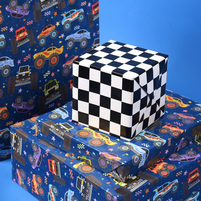 LaRibbons Monster Truck Reversible Wrapping Paper Mini Roll, Checkered Flag Design, Perfect for Kids and Boys Birthdays, 17" x 33'(46.7 sq. ft) - Image 4