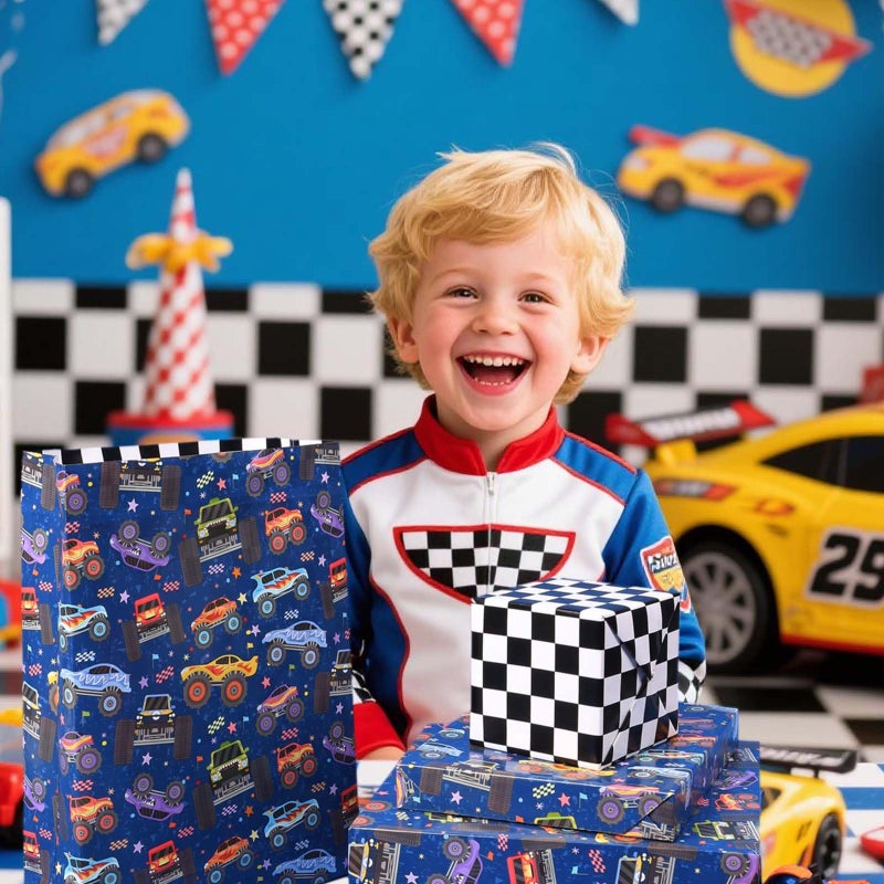 LaRibbons Monster Truck Reversible Wrapping Paper Mini Roll, Checkered Flag Design, Perfect for Kids and Boys Birthdays, 17" x 33'(46.7 sq. ft) - Image 5