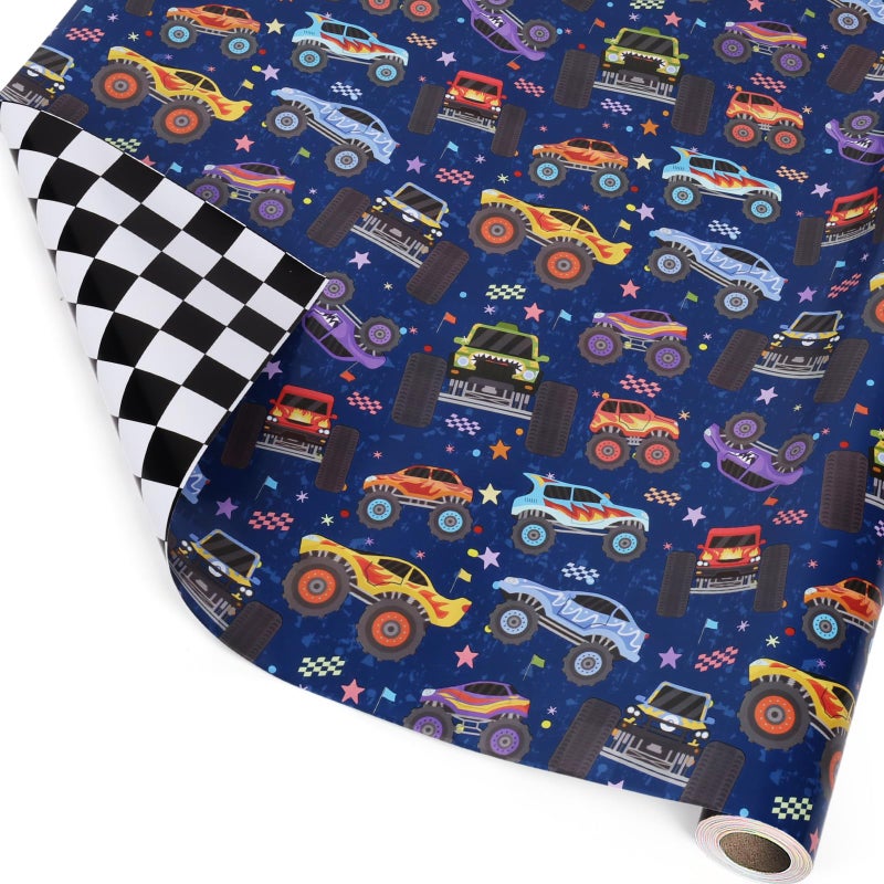 LaRibbons Monster Truck Reversible Wrapping Paper Mini Roll, Checkered Flag Design, Perfect for Kids and Boys Birthdays, 17" x 33'(46.7 sq. ft) - Image 1