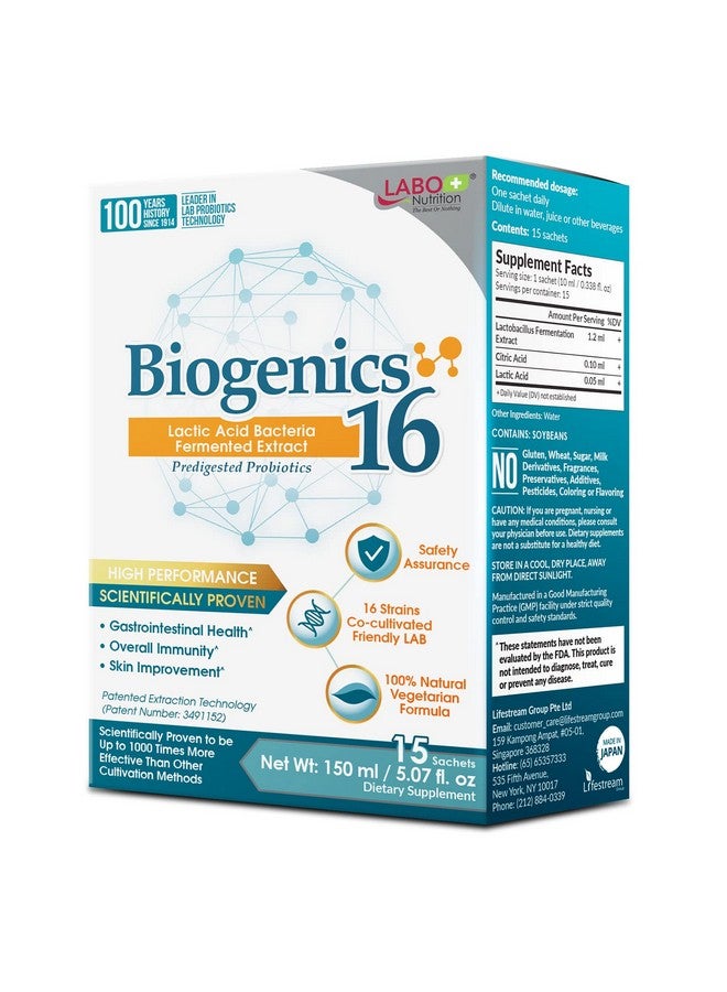 LABO Nutrition Biogenics 16-Lactic Acid Bacteria Fermented Extract, 1000x More Effective, Gut Health Support Beyond Probiotics & Prebiotics, Improve Intestinal Skin and Immune Health, 10mlx15 sachets - Image 1