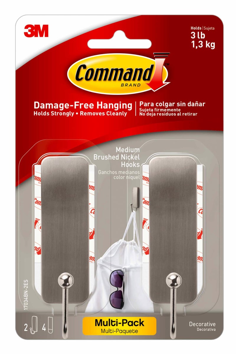 Command Medium Brushed Nickel Wall Hook, 2 Coat Hooks and 4 Strips, Damage-Free Hanging with Adhesive, No Tools Great for Hanging Home Decor, Holds up to 3 lb - Image 2
