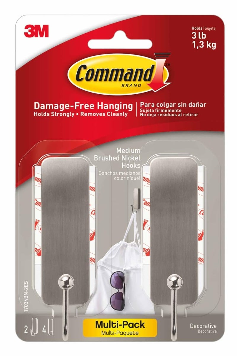 Command Medium Brushed Nickel Wall Hook, 2 Coat Hooks and 4 Strips, Damage-Free Hanging with Adhesive, No Tools Great for Hanging Home Decor, Holds up to 3 lb - Image 1