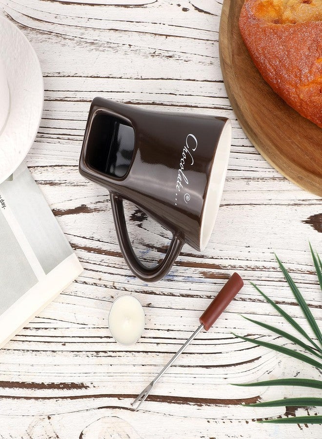 lasuroa كوب فوندو الشوكولاتة مع شوكة وشموع صغيرة، طقم وعاء فوندو سيراميكي لإذابة الشوكولاتة الحلوة، مثالي للجبن والكراميل والحلوى، هدية مثالية لأمسية رومانسية أو عيد ميلاد أو حفل زفاف (بني داكن) - Image 5