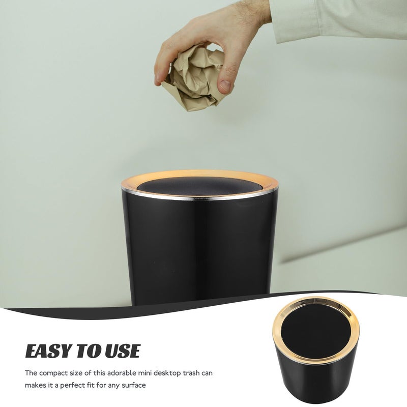 Plastic Desktop Mini Trash Can Black Small Waste Basket Portable Lid Push Button Tabletop Garbage Container - Image 4