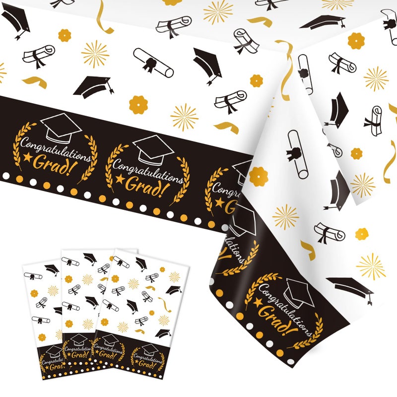 QIHOMPIB Graduation Decorations 2025, 3 Pack Black Gold Plastic Graduation Tablecloths Disposable, Graduation Table Party Decorations Class of 2025 Grad Table Cloths Covers Decor Party Supplies Favors Ideas - Image 1