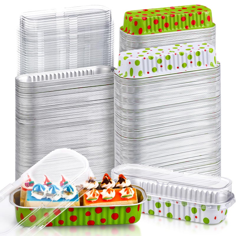Ziliny 200 Pcs Christmas Aluminum Foil Mini Loaf Pans with Lids 67 oz Christmas Baking Pans Lime Green and Red Disposable Cookie Tins Polka Dots Cake Tin for Xmas Party Supplies Gift Giving - Image 2