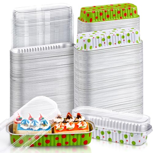 Ziliny 200 Pcs Christmas Aluminum Foil Mini Loaf Pans with Lids 67 oz Christmas Baking Pans Lime Green and Red Disposable Cookie Tins Polka Dots Cake Tin for Xmas Party Supplies Gift Giving - Image 1