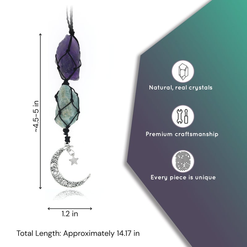 BOHO GARDEN Hanging Car Charm - Amethyst & Amazonite - Dangling Moon & Healing Crystal Accessories, Rearview Mirror Decorations - Balance, Intuition, Spirituality, Self-Love, Honesty, Clarity, Energy - Image 3