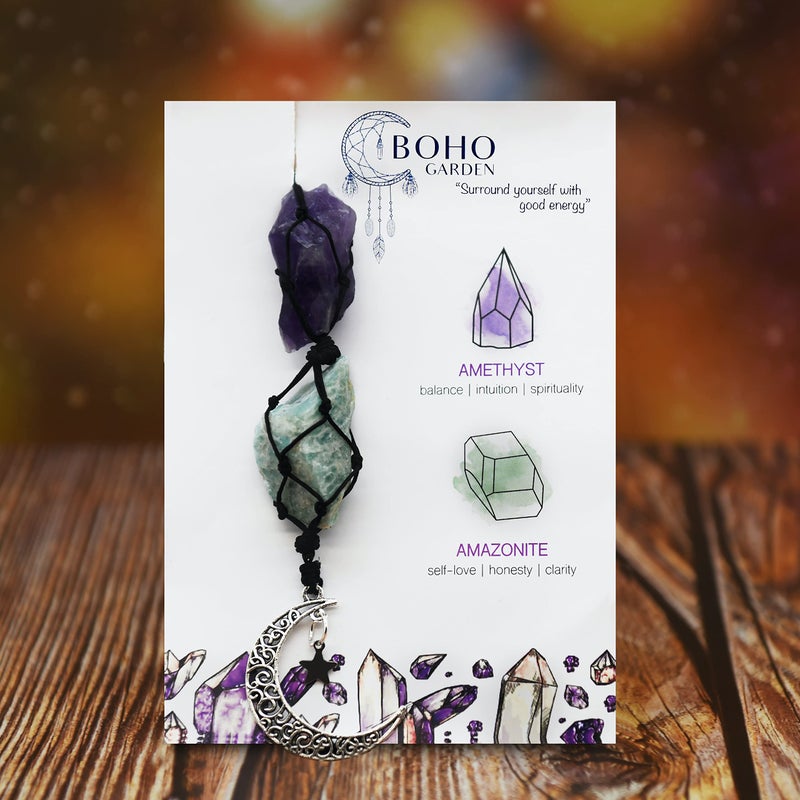 BOHO GARDEN Hanging Car Charm - Amethyst & Amazonite - Dangling Moon & Healing Crystal Accessories, Rearview Mirror Decorations - Balance, Intuition, Spirituality, Self-Love, Honesty, Clarity, Energy - Image 2