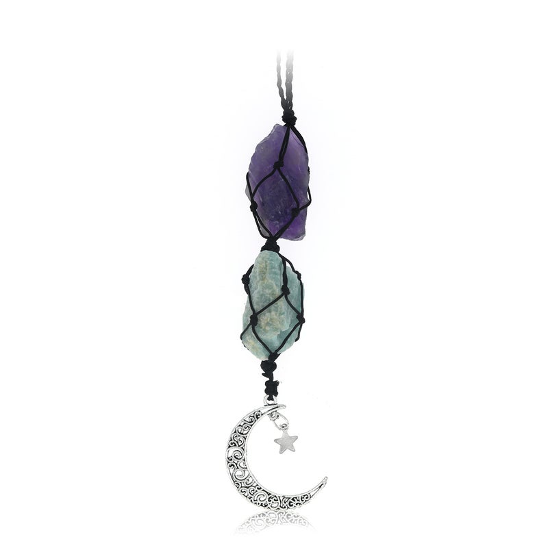 BOHO GARDEN Hanging Car Charm - Amethyst & Amazonite - Dangling Moon & Healing Crystal Accessories, Rearview Mirror Decorations - Balance, Intuition, Spirituality, Self-Love, Honesty, Clarity, Energy - Image 1