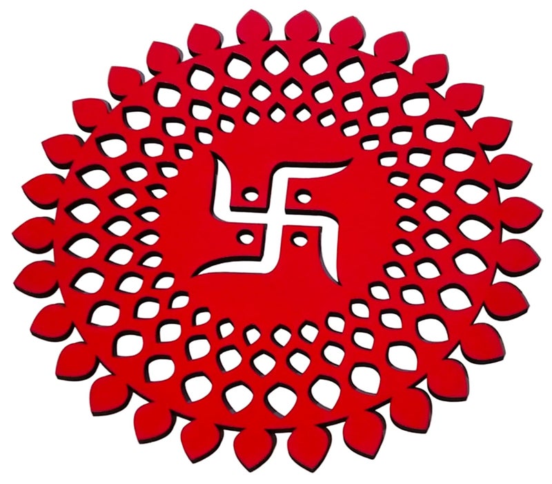 My Dream Carts Red Round Decorative Wall Art Mdf Wooden Swastika Chakra For Temple, Living Room, Office, Hotel, Home Decor Items, Gift Item, Mandala Wall Hanging For House Decoration 15x15 CM - Image 3
