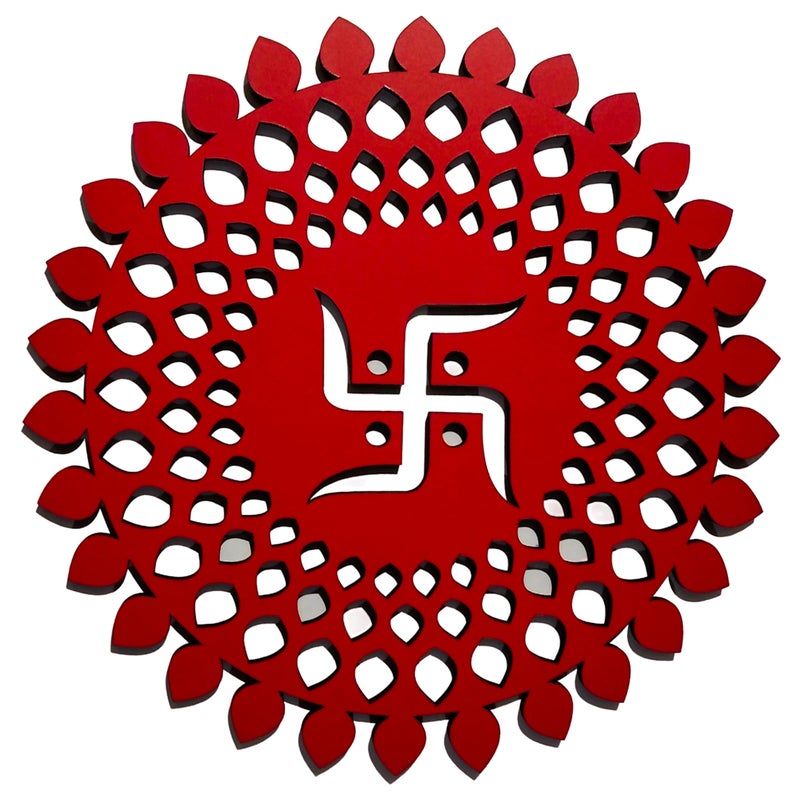 My Dream Carts Red Round Decorative Wall Art Mdf Wooden Swastika Chakra For Temple, Living Room, Office, Hotel, Home Decor Items, Gift Item, Mandala Wall Hanging For House Decoration 15x15 CM - Image 1