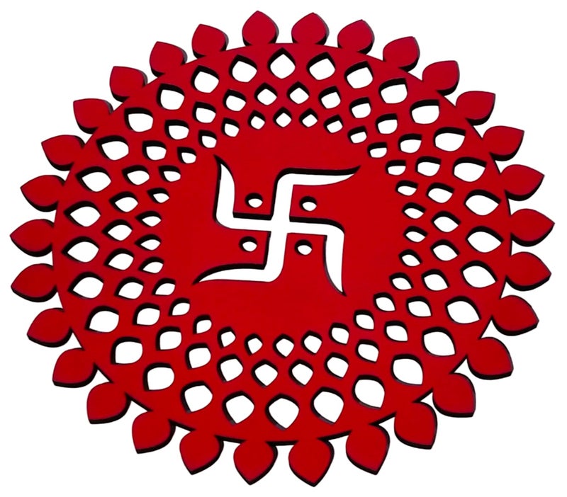 My Dream Carts Red Round Decorative Wall Art Mdf Wooden Swastika Chakra For Temple, Living Room, Office, Hotel, Home Decor Items, Gift Item, Mandala Wall Hanging For House Decoration 15x15 CM - Image 4
