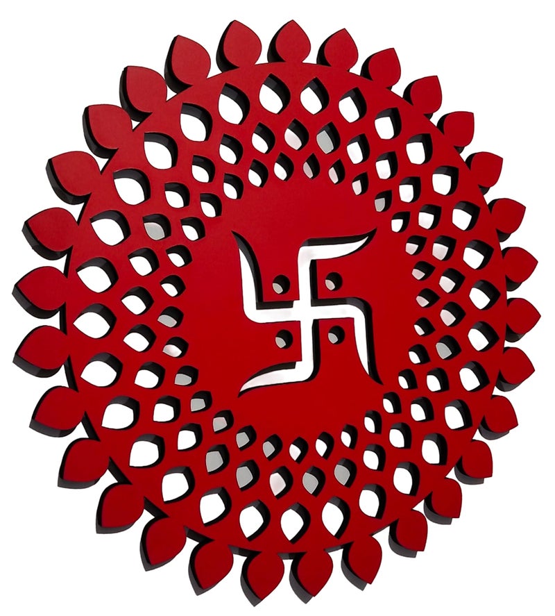 My Dream Carts Red Round Decorative Wall Art Mdf Wooden Swastika Chakra For Temple, Living Room, Office, Hotel, Home Decor Items, Gift Item, Mandala Wall Hanging For House Decoration 15x15 CM - Image 2