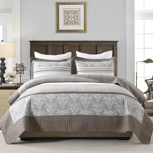 DUOHONG 100% Cotton Quilt Set Queen Size - Reversible Quilted Comforter, Striped Botanical Queen Quilt Bedspread, Modern Lightweight Bedding for Queen Bed, 3pcs, Taupe/Gray/White - Image 1