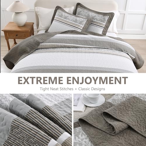 DUOHONG 100% Cotton Quilt Set Queen Size - Reversible Quilted Comforter, Striped Botanical Queen Quilt Bedspread, Modern Lightweight Bedding for Queen Bed, 3pcs, Taupe/Gray/White - Image 5