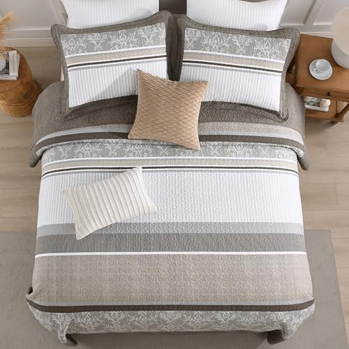 DUOHONG 100% Cotton Quilt Set Queen Size - Reversible Quilted Comforter, Striped Botanical Queen Quilt Bedspread, Modern Lightweight Bedding for Queen Bed, 3pcs, Taupe/Gray/White - Image 3