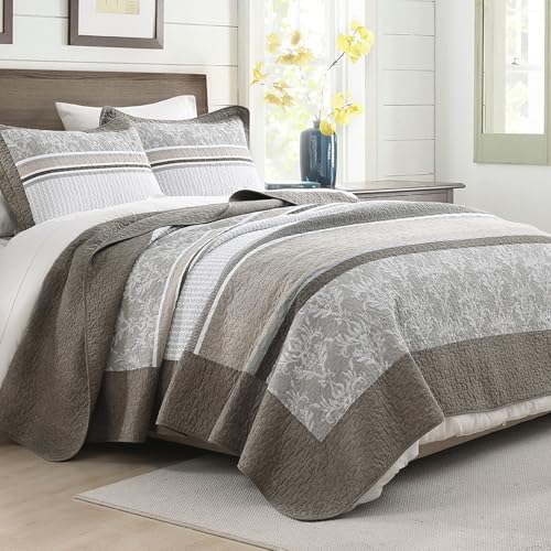 DUOHONG 100% Cotton Quilt Set Queen Size - Reversible Quilted Comforter, Striped Botanical Queen Quilt Bedspread, Modern Lightweight Bedding for Queen Bed, 3pcs, Taupe/Gray/White - Image 2