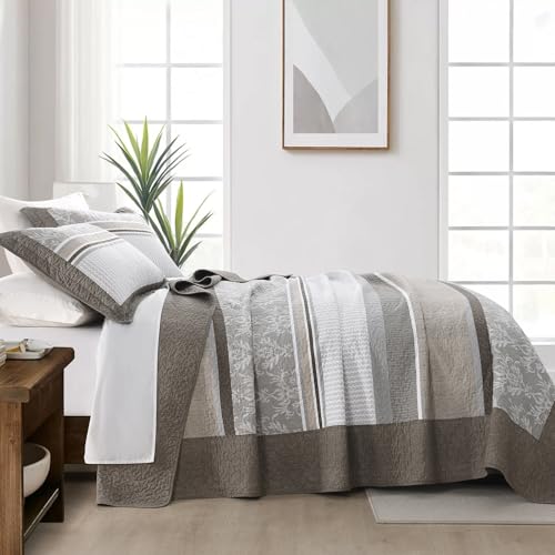 DUOHONG 100% Cotton Quilt Set Queen Size - Reversible Quilted Comforter, Striped Botanical Queen Quilt Bedspread, Modern Lightweight Bedding for Queen Bed, 3pcs, Taupe/Gray/White - Image 4