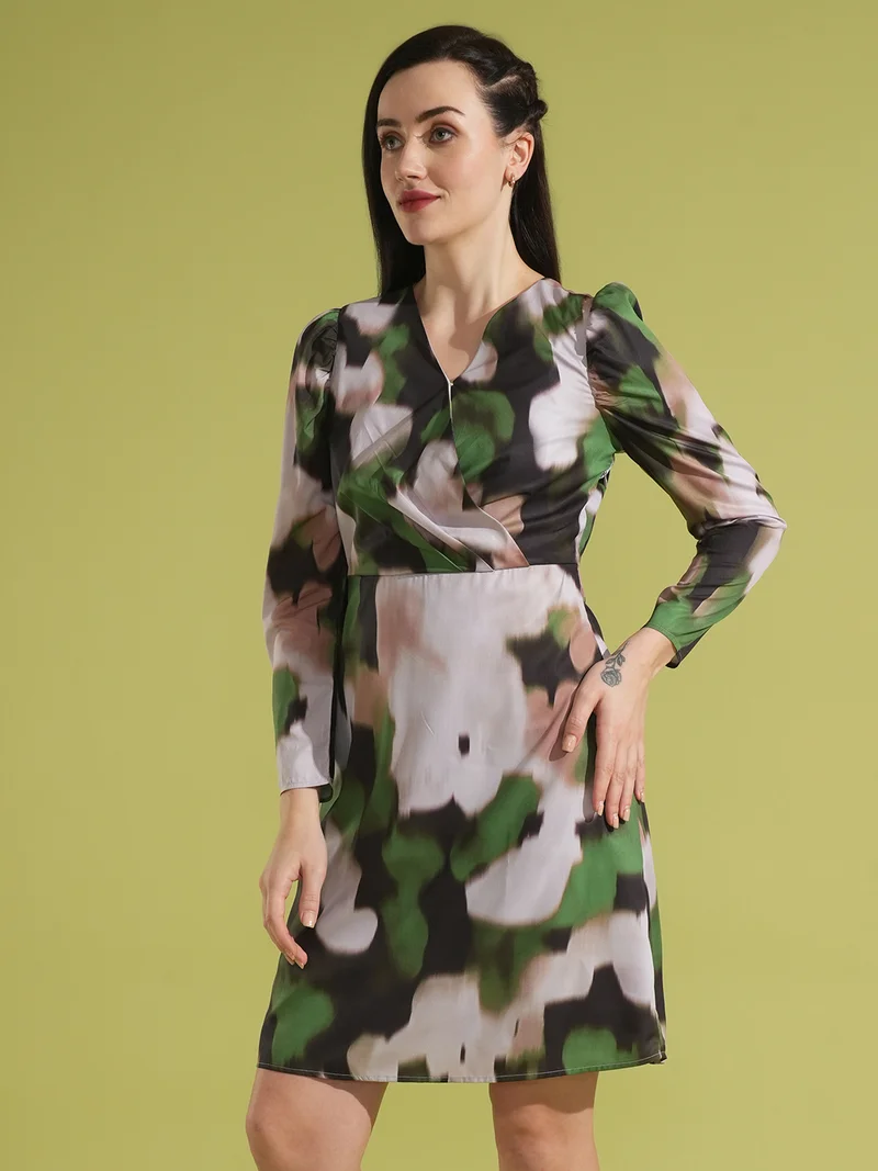 globus Women Tie And Dye Puff Sleeve Wrap Style Sheath Dress