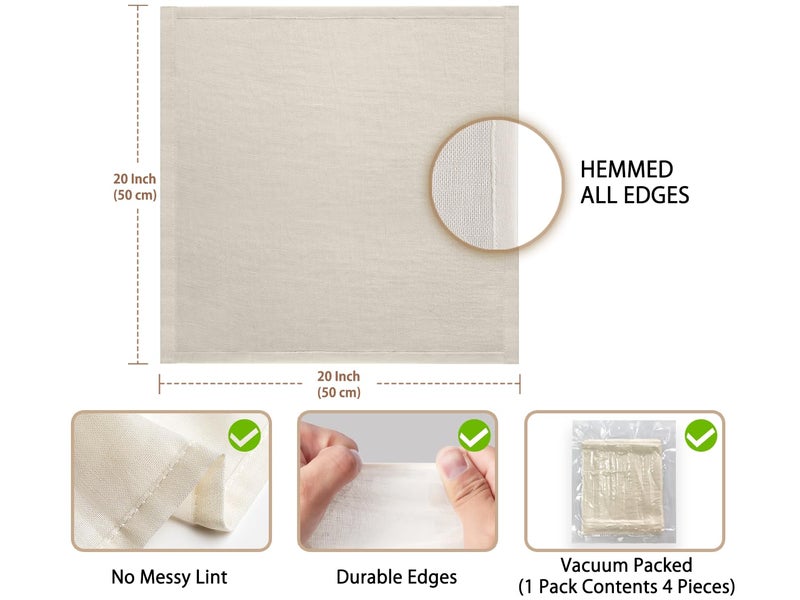 Olicity Cheese Cloths, 4Pack, Double-Layer, 20x20Inch, Reusable Grade 90 Cheese Cloth Bag for Straining, Hemmed Unbleached Cotton Precut Fine Mesh Muslin Cheesecloth for Brew, Jelly, Yogurt - Image 4