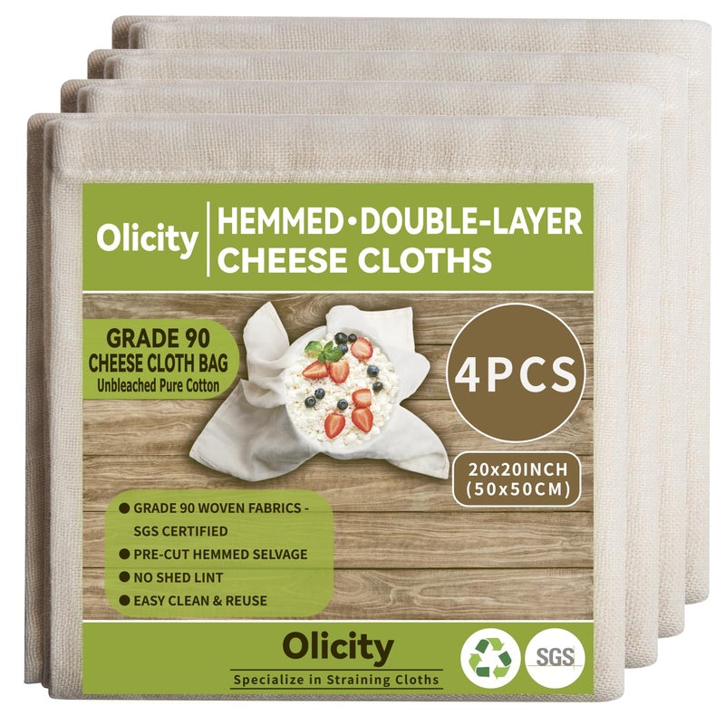 Olicity Cheese Cloths, 4Pack, Double-Layer, 20x20Inch, Reusable Grade 90 Cheese Cloth Bag for Straining, Hemmed Unbleached Cotton Precut Fine Mesh Muslin Cheesecloth for Brew, Jelly, Yogurt - Image 1