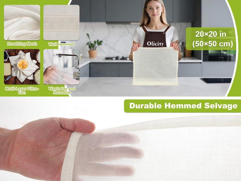 Olicity Cheese Cloths, 4Pack, Double-Layer, 20x20Inch, Reusable Grade 90 Cheese Cloth Bag for Straining, Hemmed Unbleached Cotton Precut Fine Mesh Muslin Cheesecloth for Brew, Jelly, Yogurt - Image 3