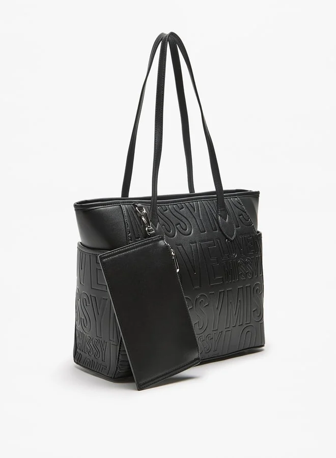 ميسي Women Missy Slogan Textured Tote Bag with Zip Closure and Pouch