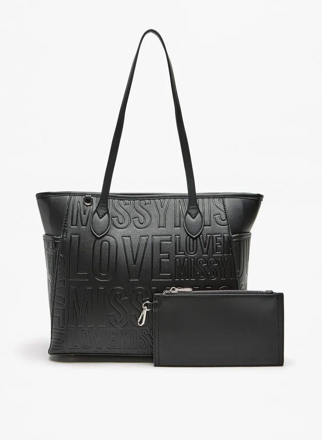 ميسي Women Missy Slogan Textured Tote Bag with Zip Closure and Pouch