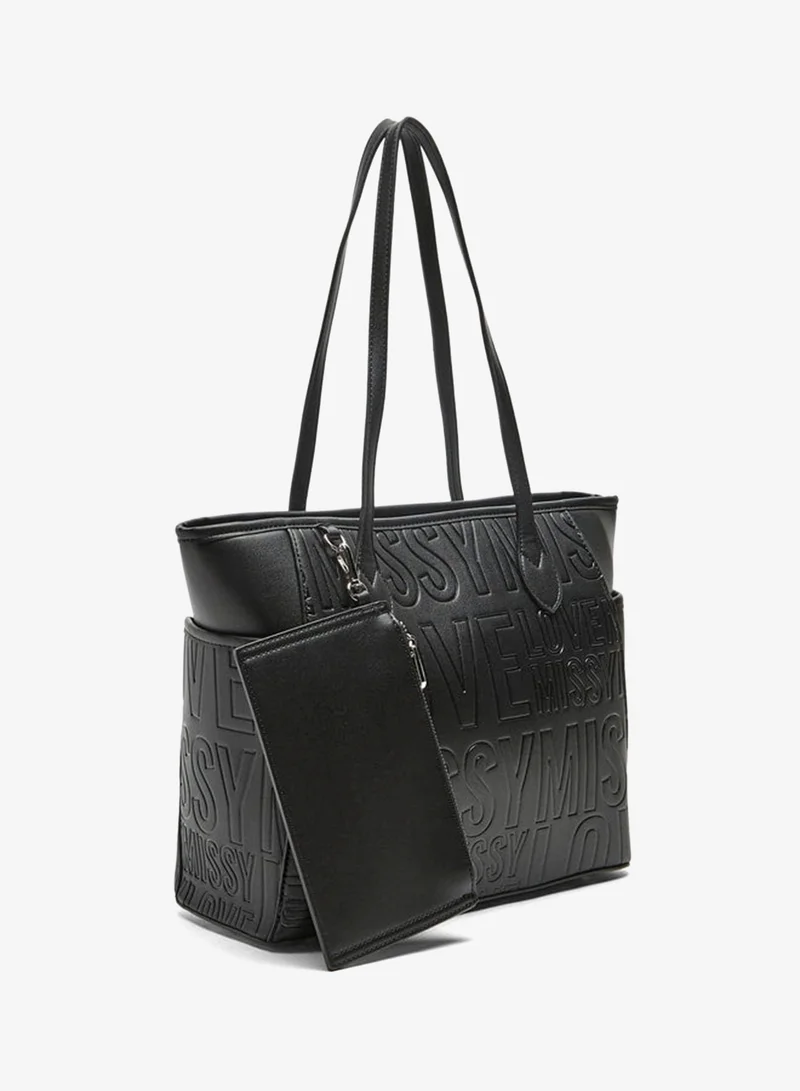 MISSY Women Missy Slogan Textured Tote Bag with Zip Closure and Pouch