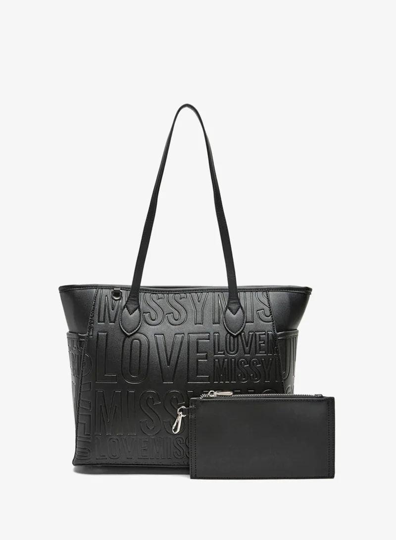 MISSY Women Missy Slogan Textured Tote Bag with Zip Closure and Pouch