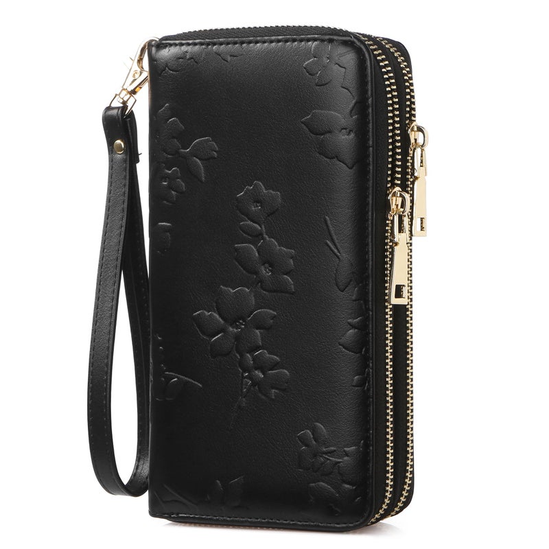yiijay Womens Wallet RFID Blocking Large Capacity Leather Double Zip Wristlet Wallet Credit Card Phone Holder Ladies Clutch Purse Flora - Image 1