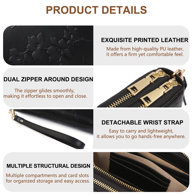 yiijay Womens Wallet RFID Blocking Large Capacity Leather Double Zip Wristlet Wallet Credit Card Phone Holder Ladies Clutch Purse Flora - Image 4