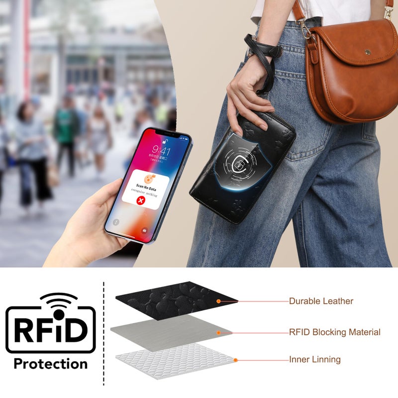 yiijay Womens Wallet RFID Blocking Large Capacity Leather Double Zip Wristlet Wallet Credit Card Phone Holder Ladies Clutch Purse Flora - Image 2