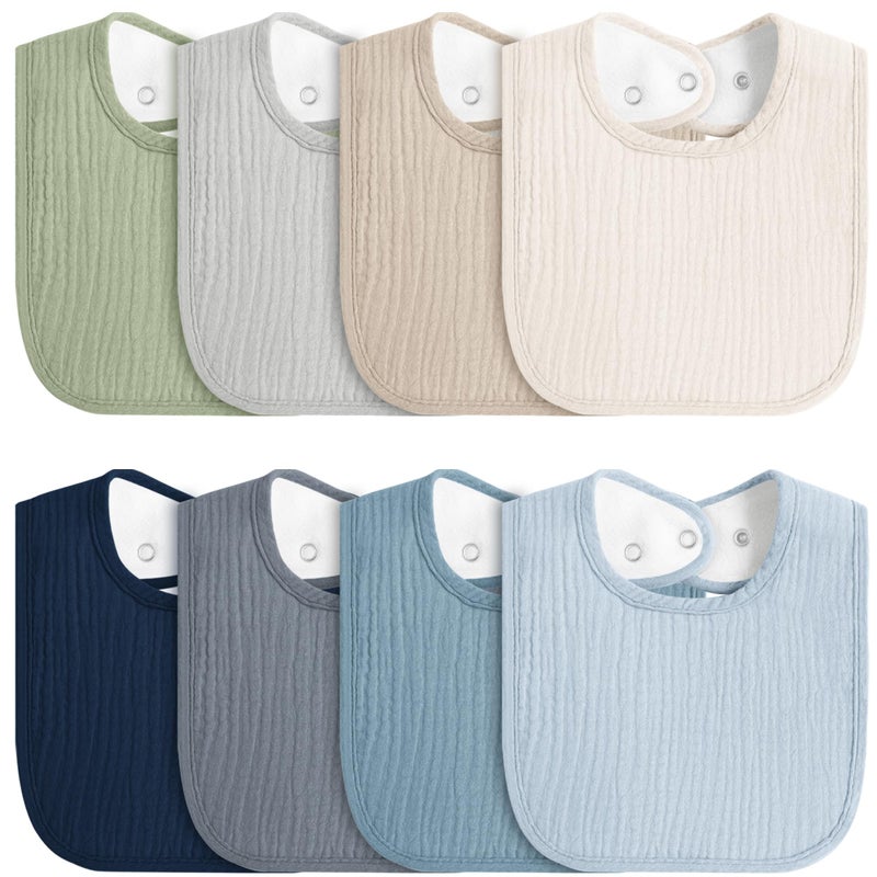 MairMore 8-Pack Baby Muslin Bibs, Soft Cotton Drool Bibs for Boys Girls, Adjustable and Absorbent Newborn Bib Set for Feeding and Drooling - Image 1