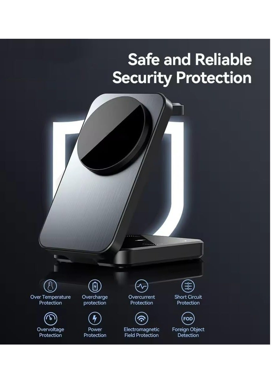 2025 Upgraded 3 in 1 Magnetic Wireless Charger Stand, Foldable Fast Wireless Charging Station,magsafe charger Compatible for iPhone 16/15/14/13/12 Series, Apple Watch AirPods – Travel Charger Dock