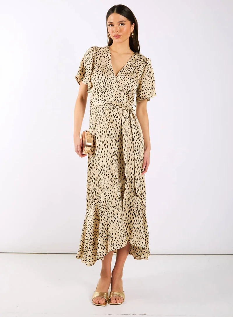 Cream Animal Printed Satin Wrap Midi Dress