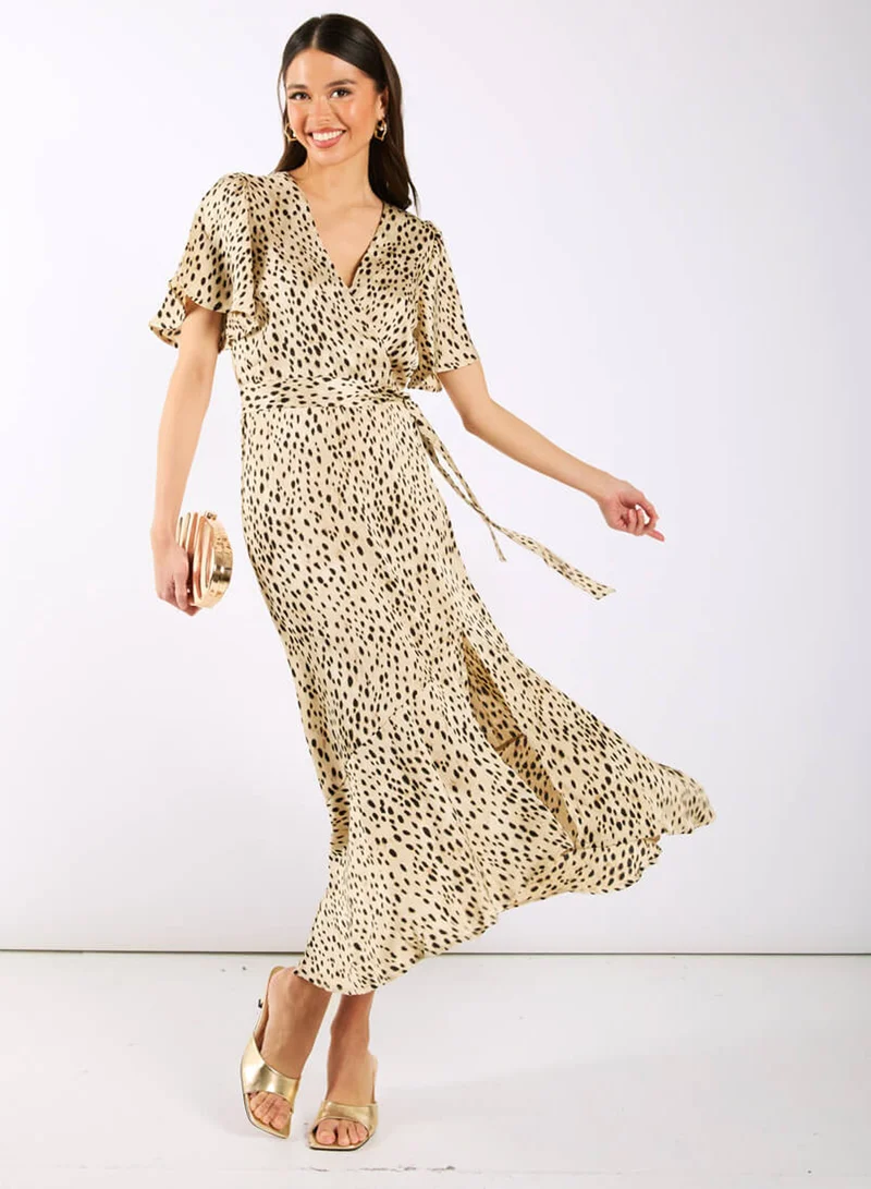 Needs No Label Cream Animal Printed Satin Wrap Midi Dress