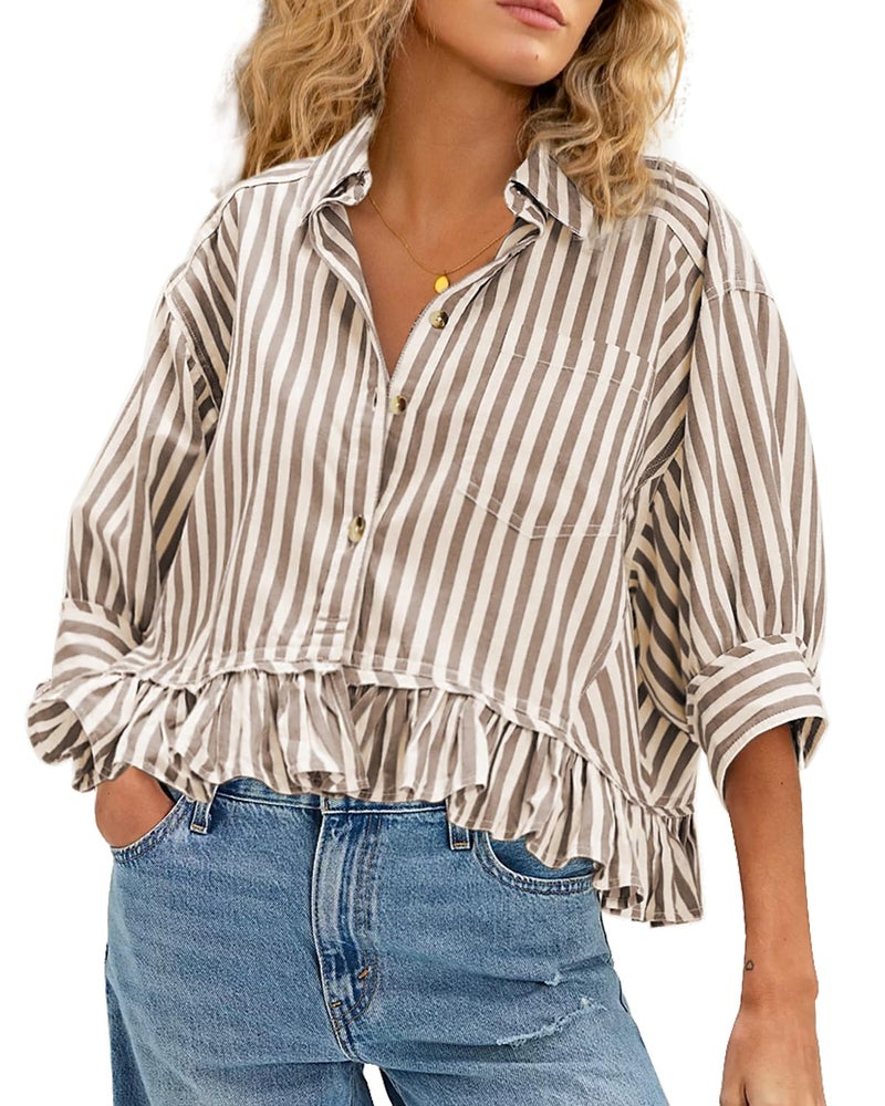 CHYRII Womens Summer Tops Dressy Casual Blouse Top Ruffled Short Sleeve Button Down Striped Shirt Tan L - Image 1
