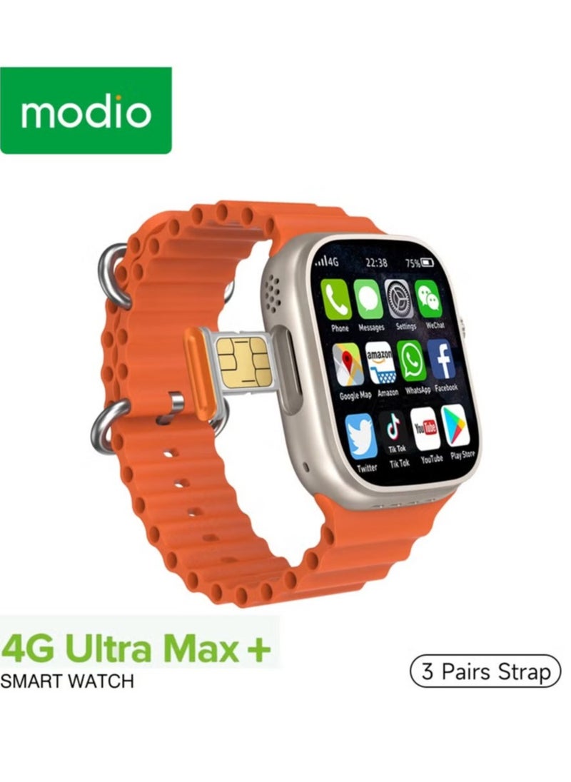 modio - Modio 4G Ultra Max Plus Smartwatch – 2.2 Inch HD Screen, SIM Card Slot, 3 Straps Included, For Men & Women (Silver) - Image 1