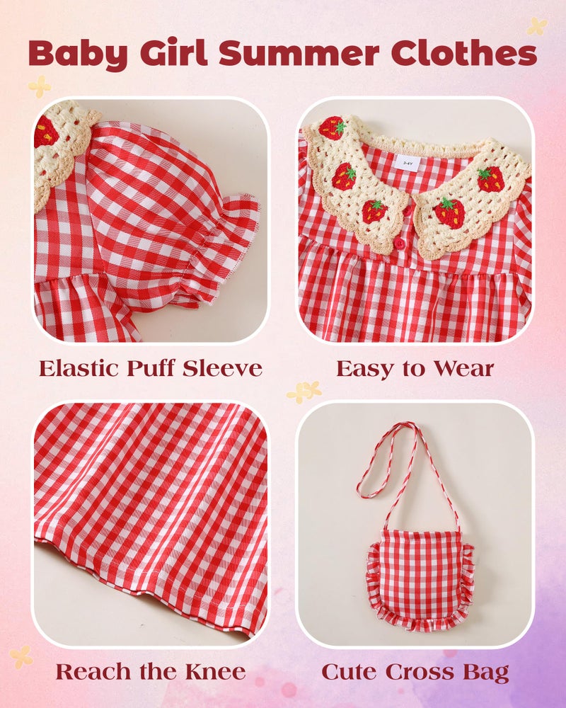Yhnslsf 4t Dress 3t Toddler Girls Dresses 3 Year Old Girl Gifts Smocked Cloth for Red Strawberry Spring Summer Essential 2 Piece Sets Plaid Printed Button Holiday Birthday Sundress with Cute Cross Bag - Image 4
