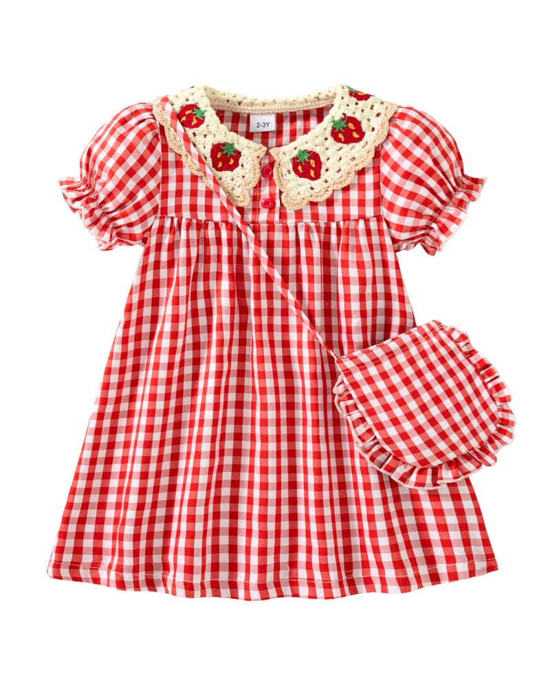 Yhnslsf 4t Dress 3t Toddler Girls Dresses 3 Year Old Girl Gifts Smocked Cloth for Red Strawberry Spring Summer Essential 2 Piece Sets Plaid Printed Button Holiday Birthday Sundress with Cute Cross Bag - Image 1