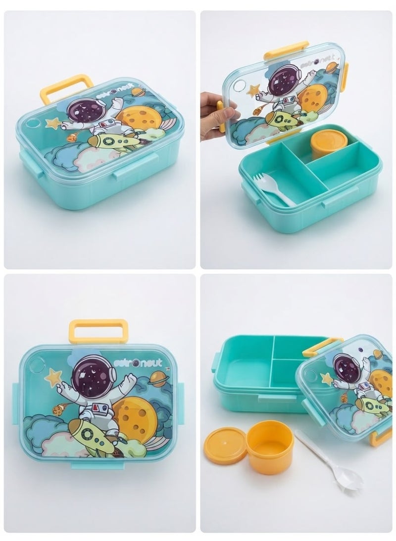 3-compartment lunch box with a lid featuring cartoon designs.