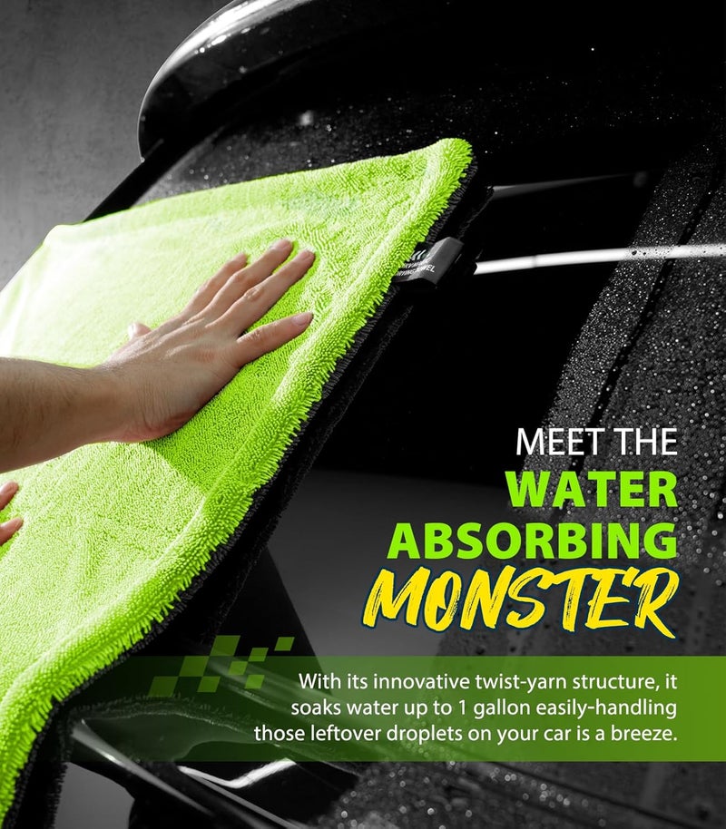 KKV Full-Sized SUV Drying Towel, 48”x24” Dual Sided Microfiber Car Cleaning Towel with Twisting Yarn Technique, 1400GSM Super Absorbent, Scratch-Free, Machine Washable (Darkgray-GreenYellow) Wide use selected material - Image 4